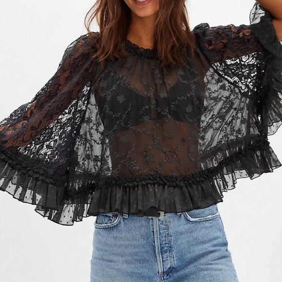 Boho Floral Semi Sheer Loose Fit Ruffle Hem Blouse - Picture 3 of 9